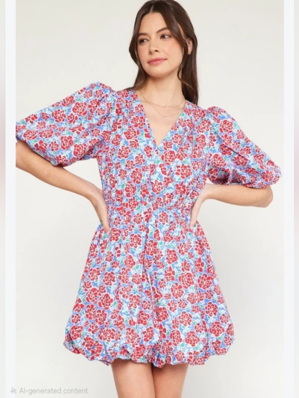 Entro mini dress features a vibrant, block print style red and coral rose patter